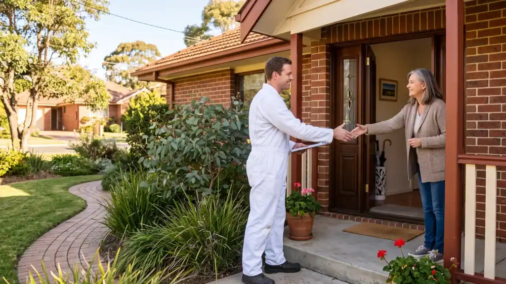 Professional in white coveralls greeting a homeowner at their front door