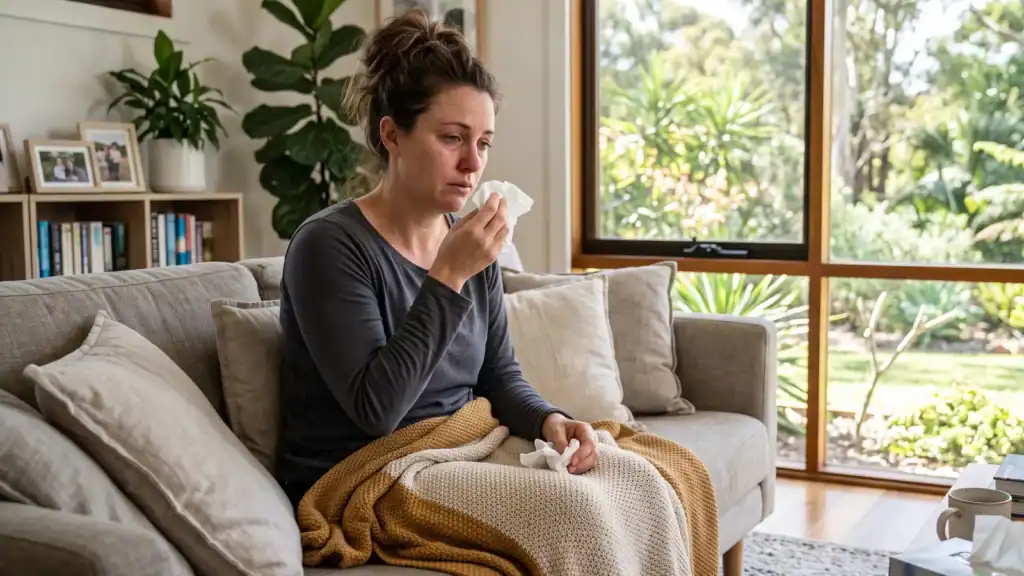 Person at home with hay-fever-like allergy symptoms holding a tissue