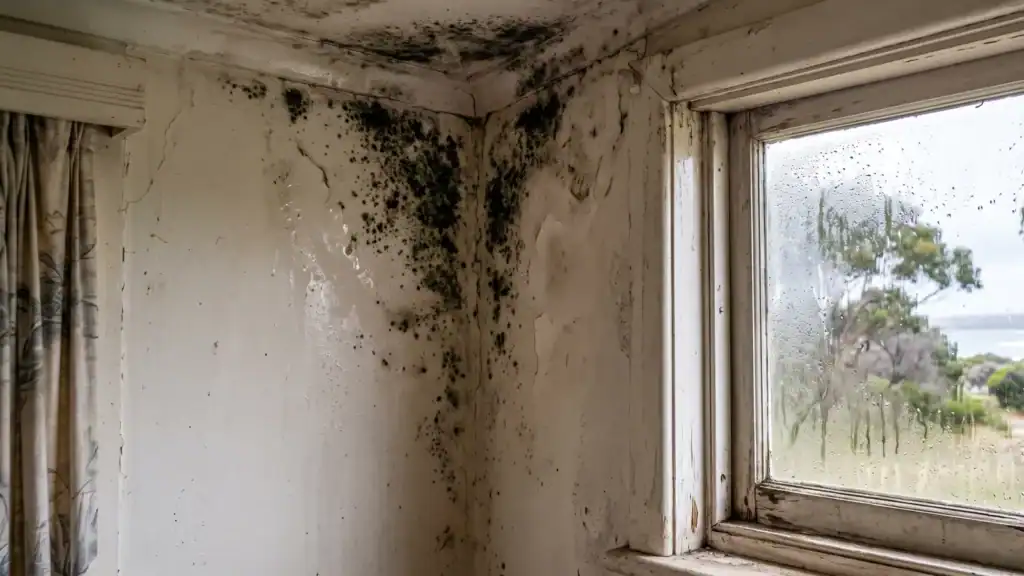 Black mould in the corner of a damp room with condensation on the window in a coastal home