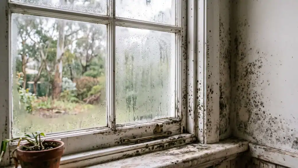 Mould and mildew around a window frame in an older home with condensation on the glass