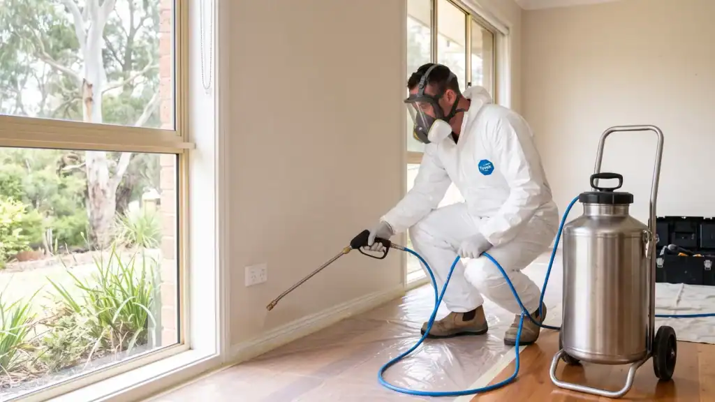 Professional in protective coveralls and respirator treating an interior wall