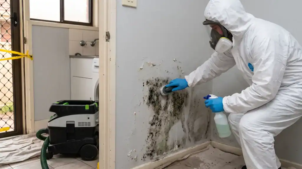 Professional mould remediation technician in protective gear cleaning mould off a wall