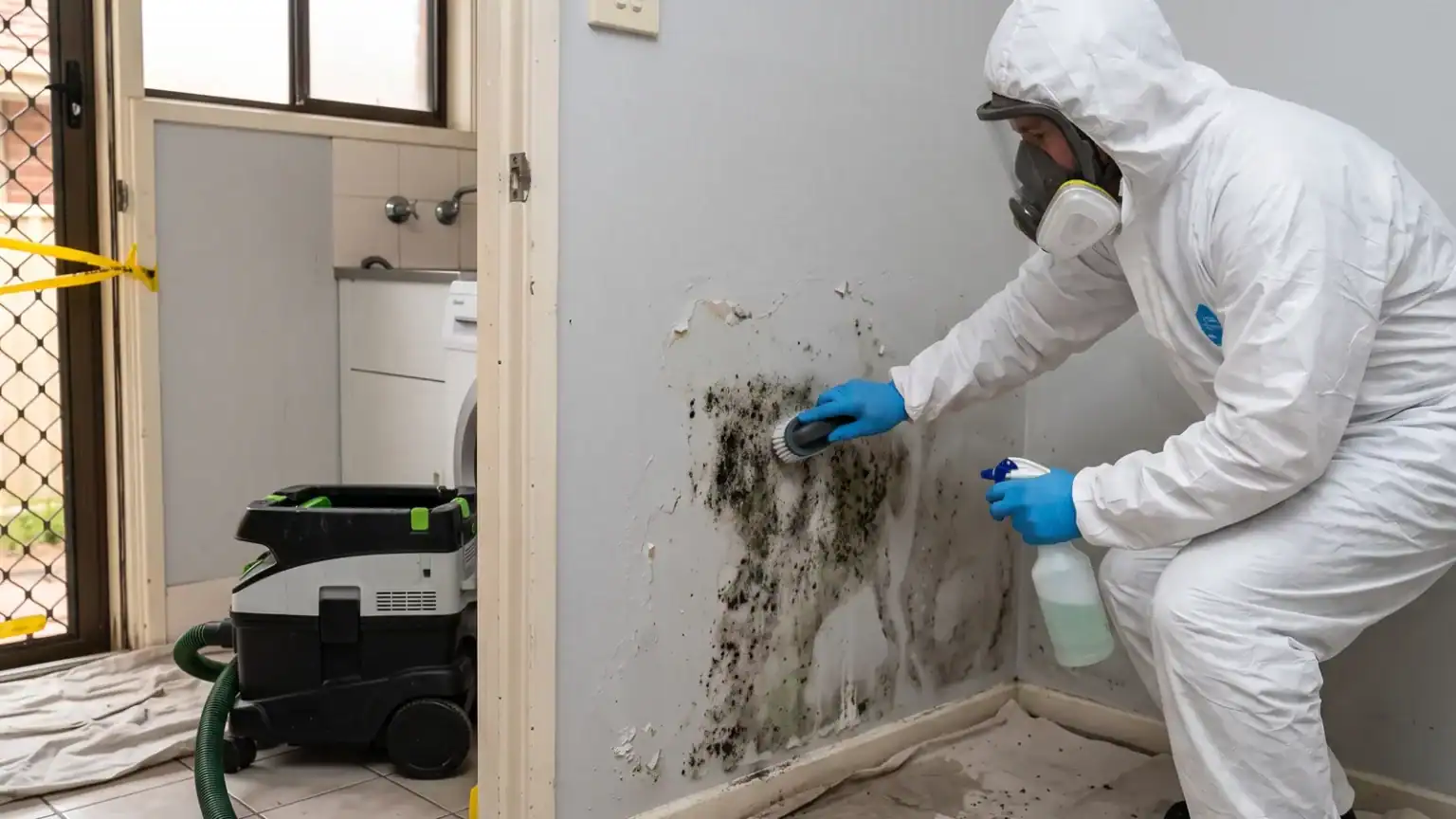 Professional mould remediation technician in protective gear cleaning mould off a wall