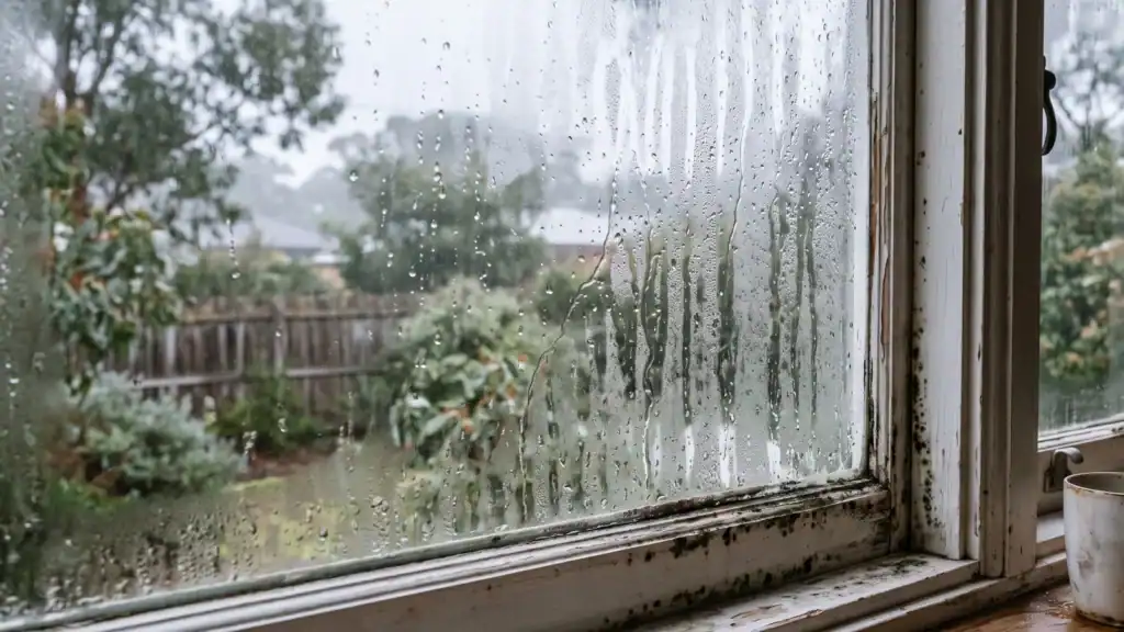 Condensation running down a window with early mould forming on the frame in winter