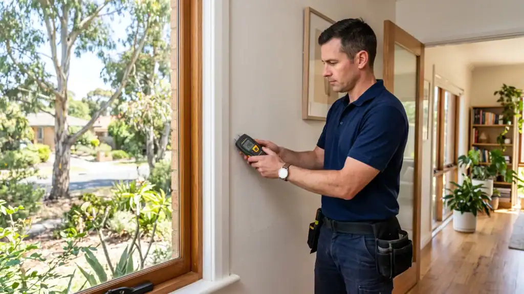 Building inspector checking an interior wall of a home with a handheld moisture meter