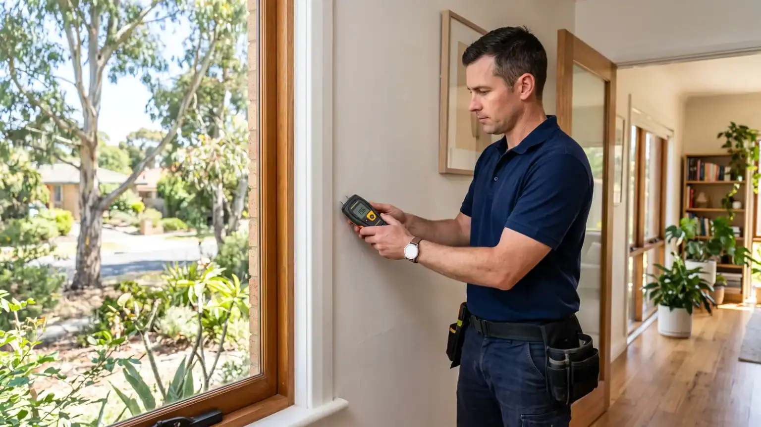 Building inspector checking an interior wall of a home with a handheld moisture meter