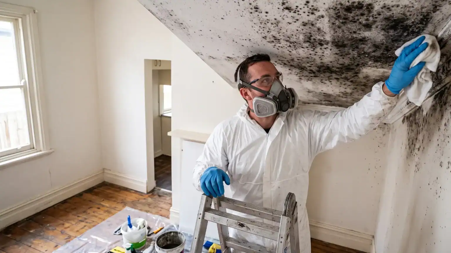Specialist treating black mould spreading across a ceiling near the cornice