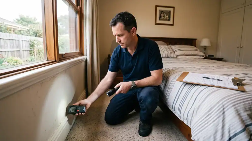 Mould inspector crouching in a bedroom holding a moisture meter against the wall with a torch in his other hand